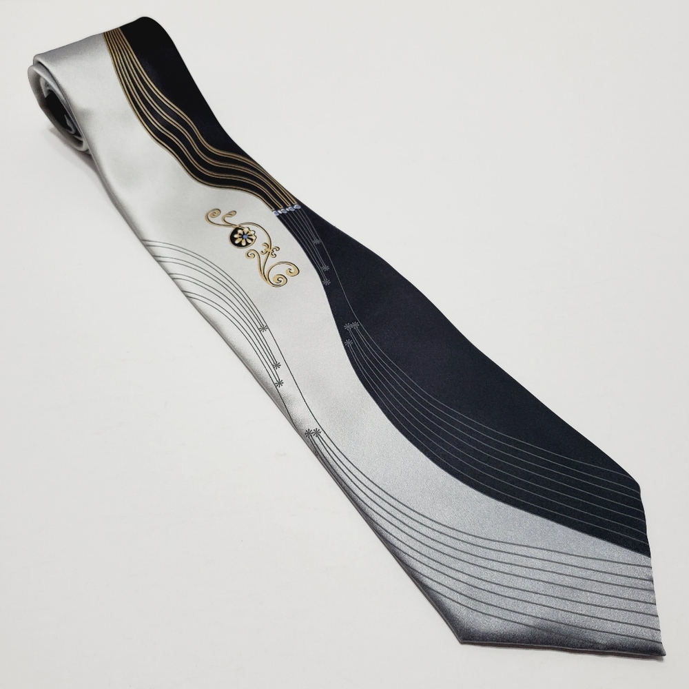 Cubavera Black & Silver Artistic Pattern Men's Silk Neck Tie  58x3.75"